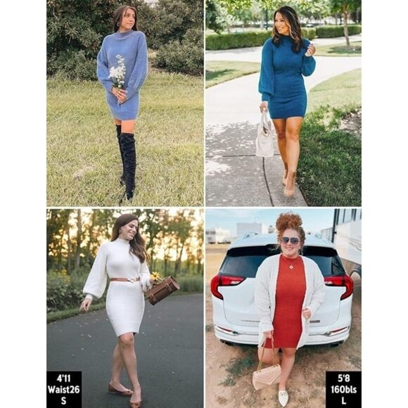 Women's Casual Turtleneck Long Puff Sleeve Soft Fuzzy Mini Dress Orange Medium - Picture 6 of 8